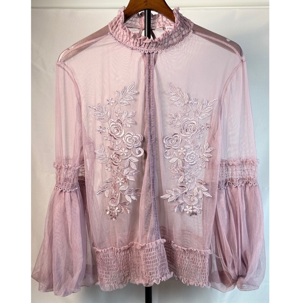 Miss Rose Women 44 Sheer Mesh Floral Embroidered Blouse Coquette Fairycore Boho